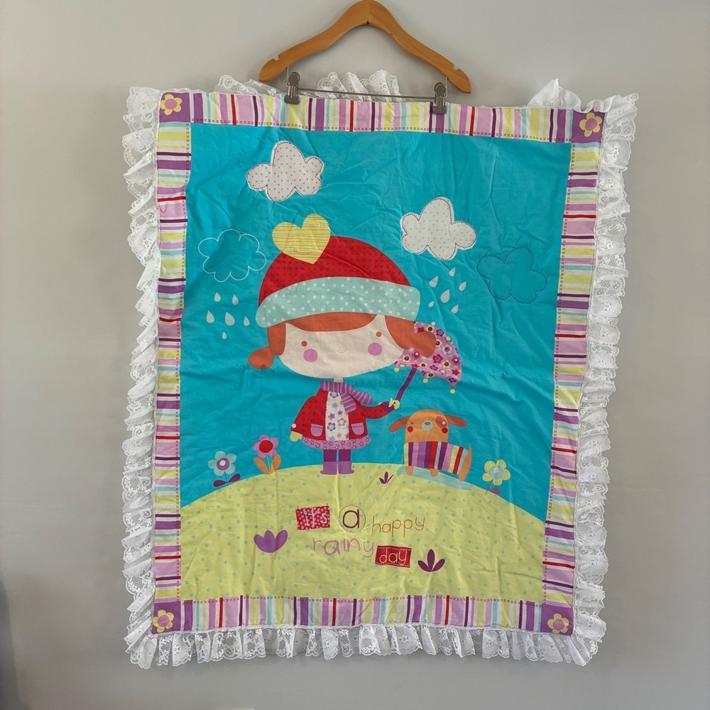 Baby Blanket Quilt Blue Happy Rainy Day Girl Dog Quilted Lace Trim Nursery